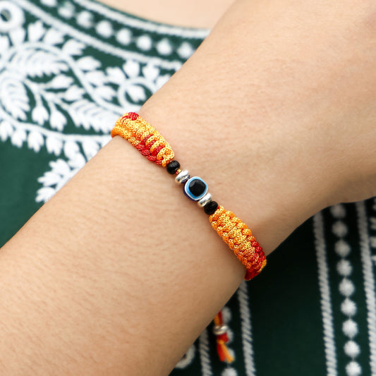 Silver Evil Eyes Adjustable Orange Dhaga Bracelet