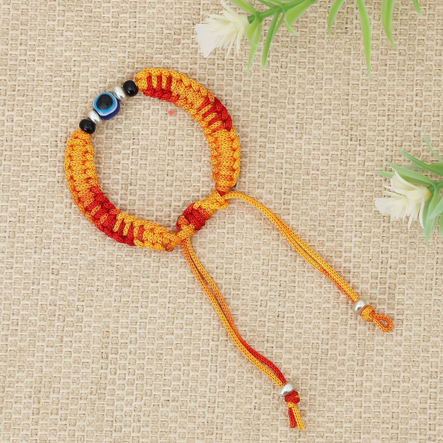 Silver Evil Eyes Adjustable Orange Dhaga Bracelet