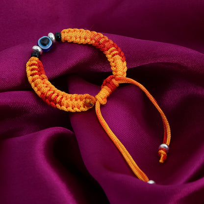 Silver Evil Eyes Adjustable Orange Dhaga Bracelet